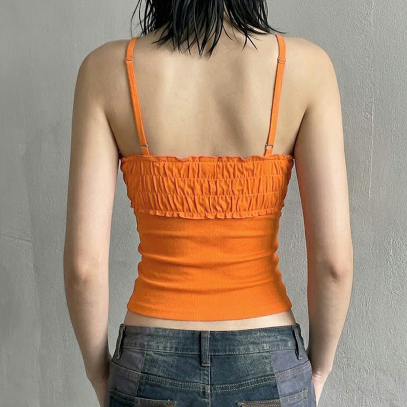 Damen Spitzen-Crop-Top mit dekorativem Rüschen und Knopfdetails Skovae