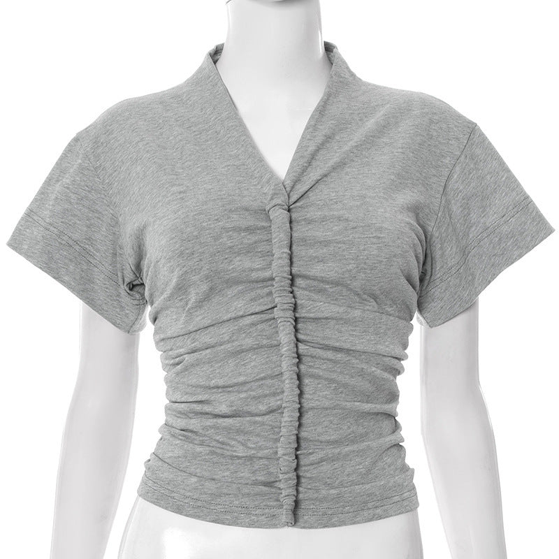 Dame elegant kortærmet top med figursyet drapering Skovae