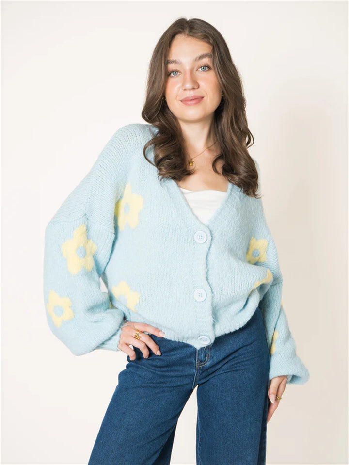 Kvinders cardigan med blomsterprint og voluminøse ærmer Stilla