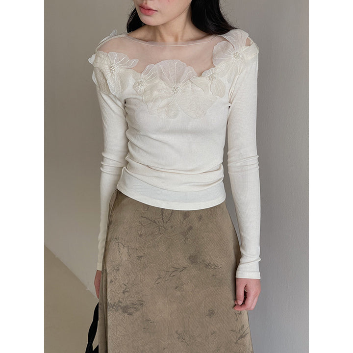 Dame elegant blouse med blomsterlignende spidskant og gennemsigtig krave Stilla