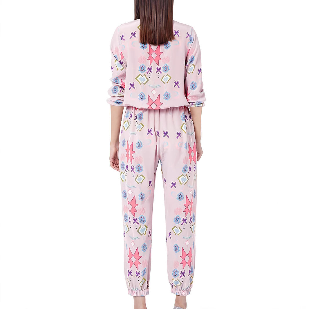 Dame Loungewear Sæt med farverige geometriske mønstre og elastisk bånd Stilla