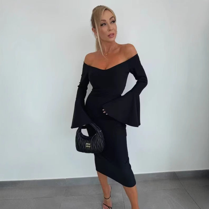 Dame Off-Shoulder Bodycon Midi Kjole med udvidede ærmer Stilla