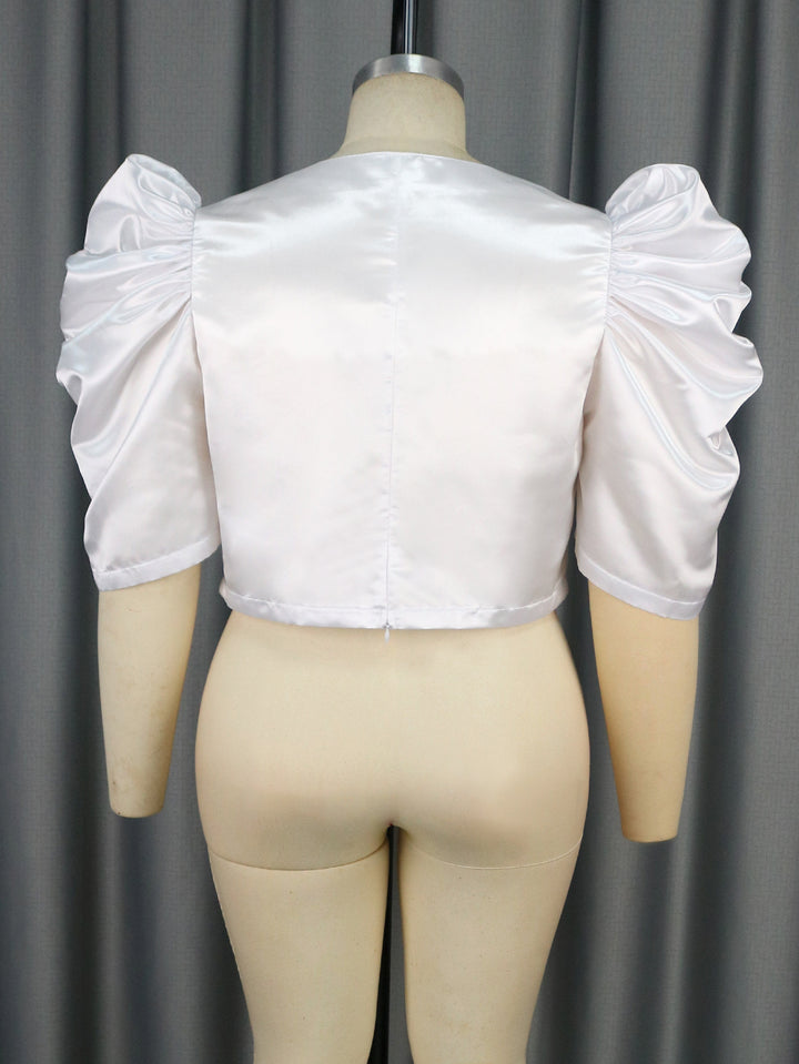 Dame satinbluse med voluminøse puffærmer Skovae