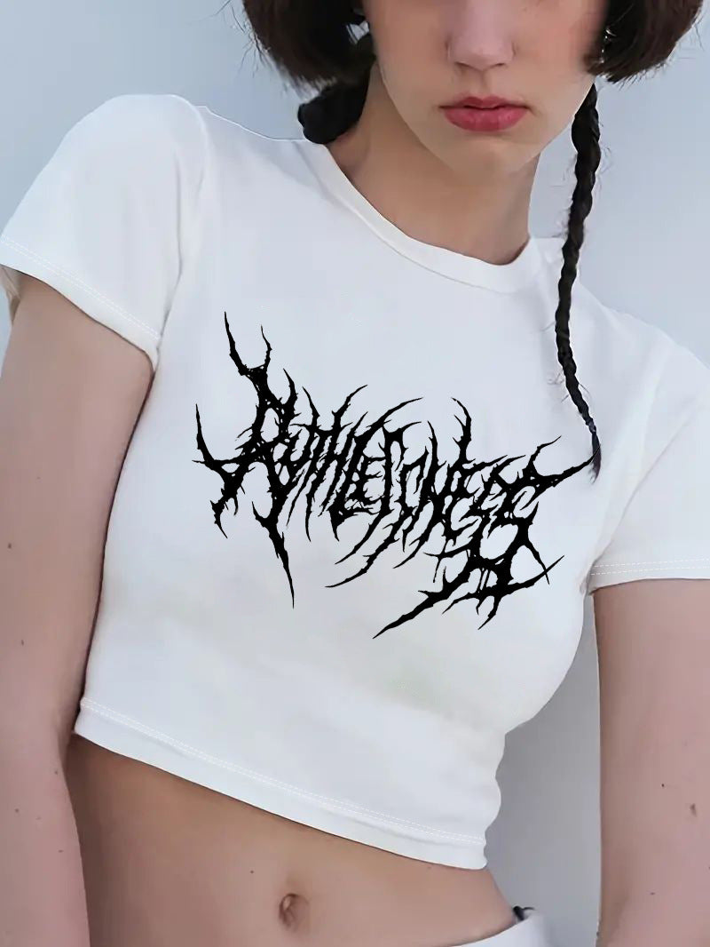 Damer Crop-T-Shirt med legende kirsebærmotiv og elegant sløjfeprint Skovae
