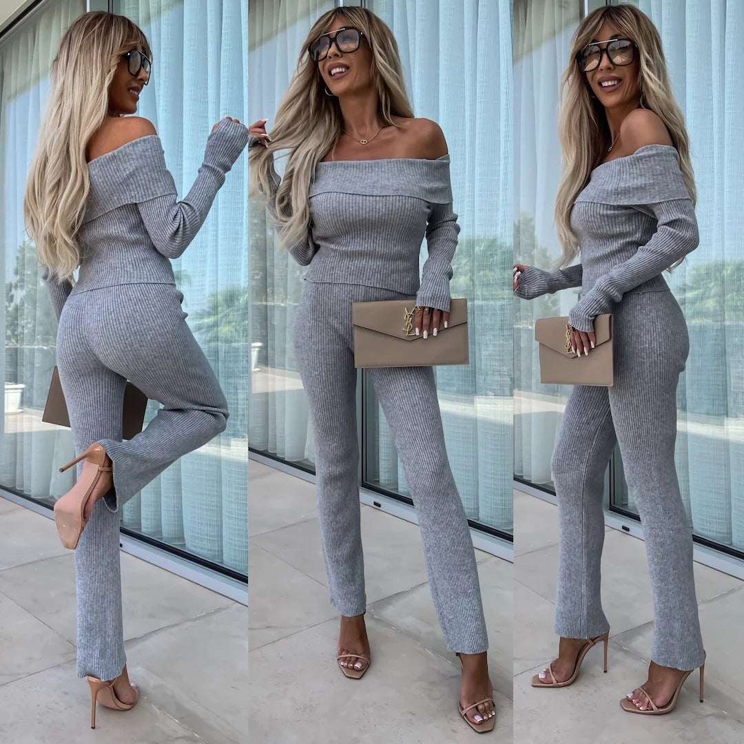 Kvindernes elegante strikket dragt med off-shoulder design og bredde ben Skovae