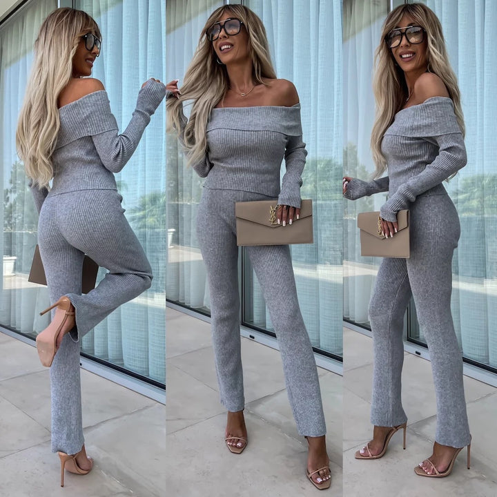 Kvindernes elegante strikket dragt med off-shoulder design og bredde ben Skovae