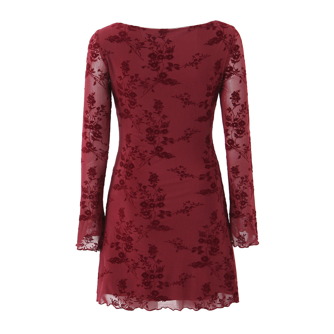 Dame elegant minikjole med floralt spidsdetaljer og lange ærmer Stilla