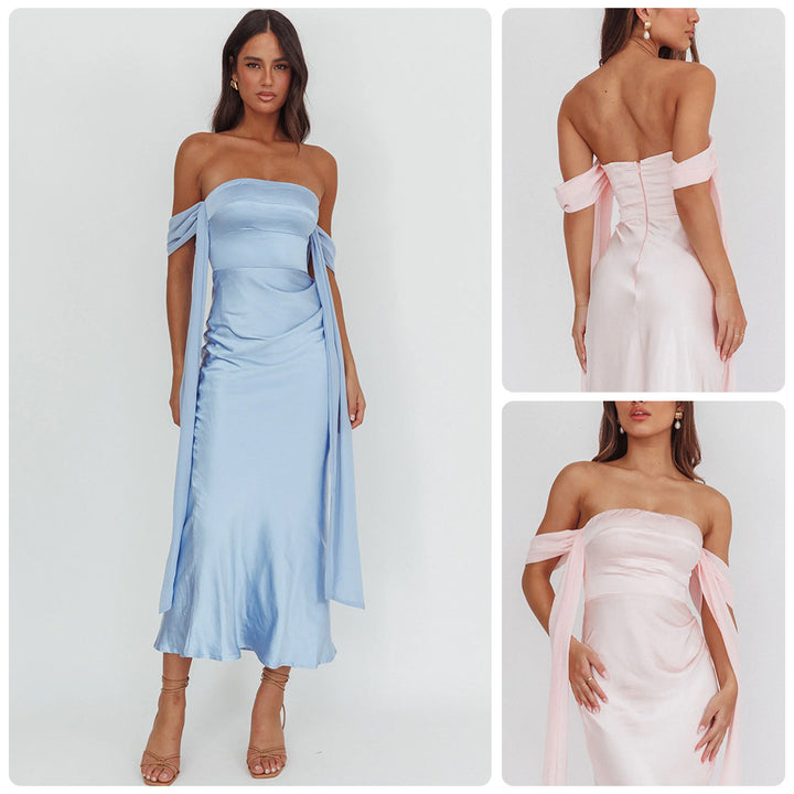 Kvindernes aftenkjole med off-the-shoulder design og flydende satinSkovae