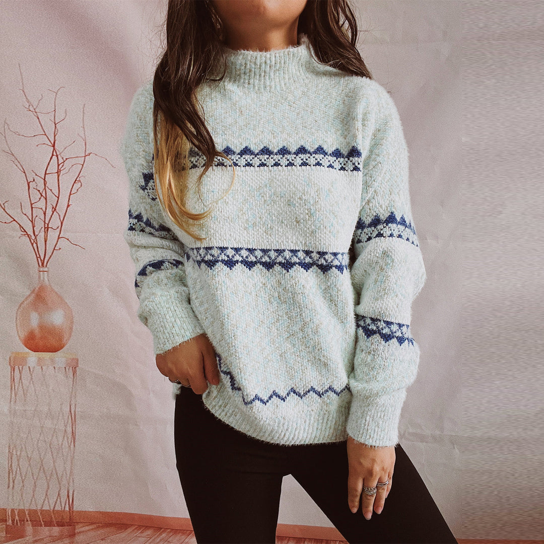Kvindernes varme strikket sweater med geometrisk mønstertryk Stilla