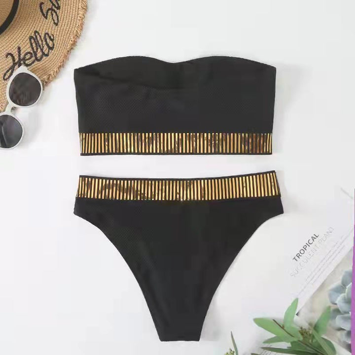 Dame Bandeau Højt skåret Bikini Sæt med Metalaccenter Stilla