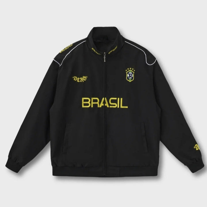 Unisex nan sporty retro træningsjakke med høj krave lynlås brystemblem og Brasilien-tekst Skovae