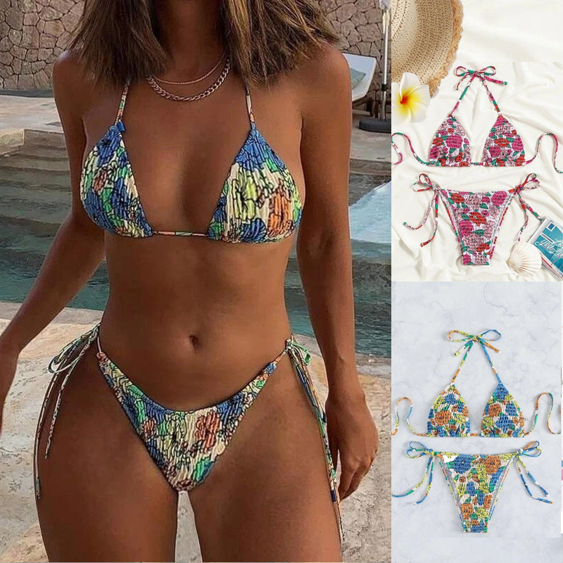 Dame Triangel-Bikini-Sæt med elastisk ruching og legende blomsterprint Stilla