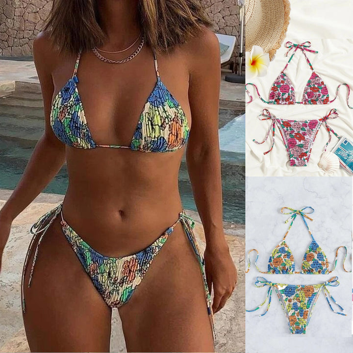 Dame Triangel-Bikini-Sæt med elastisk ruching og legende blomsterprint Stilla