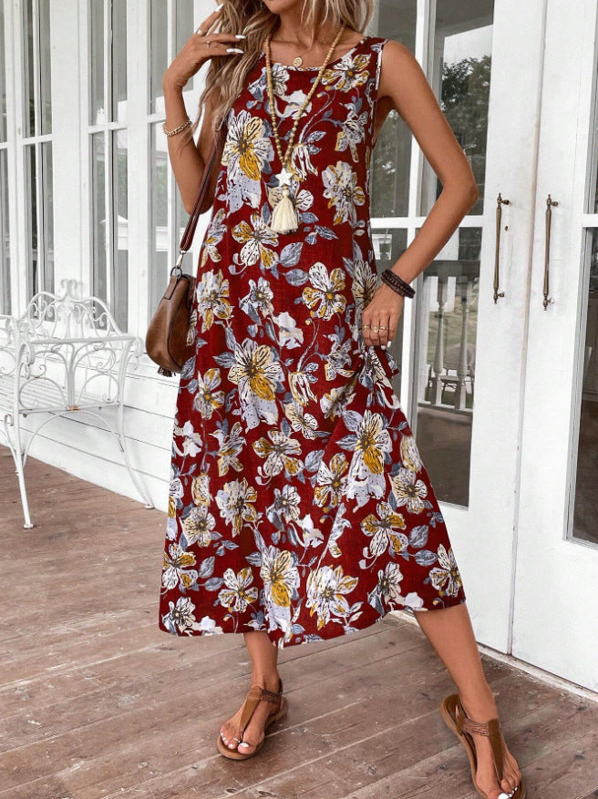 Dame Langt Sommerkjole med blomsterprint og elegant snit Skovae