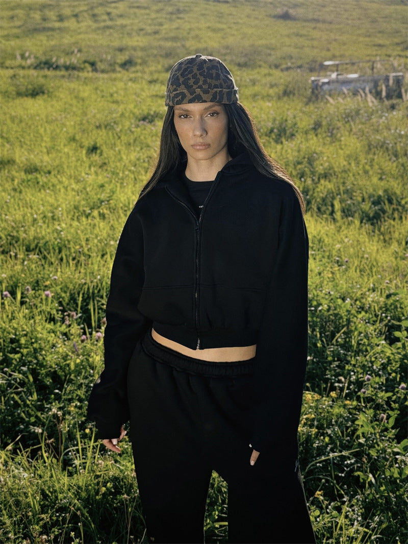 Kvinders afslappede cropped sweatjakke og komfortable joggingbukser sæt Skovae