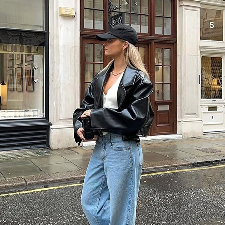 Dame mode kunstlæderjakke med oversized snit Stilla