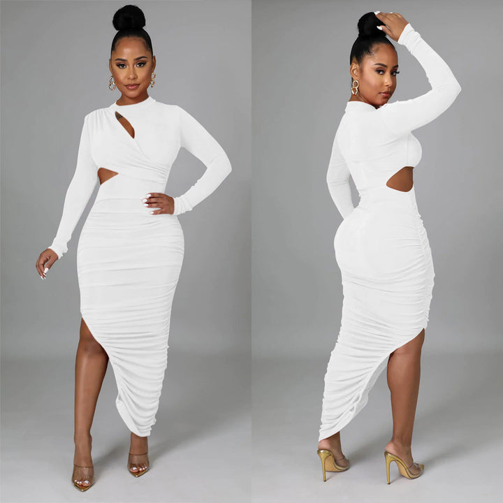 Damer Elegant Cut-Out Midi-Kjole med asymmetrisk kant og lange ærmer Stilla