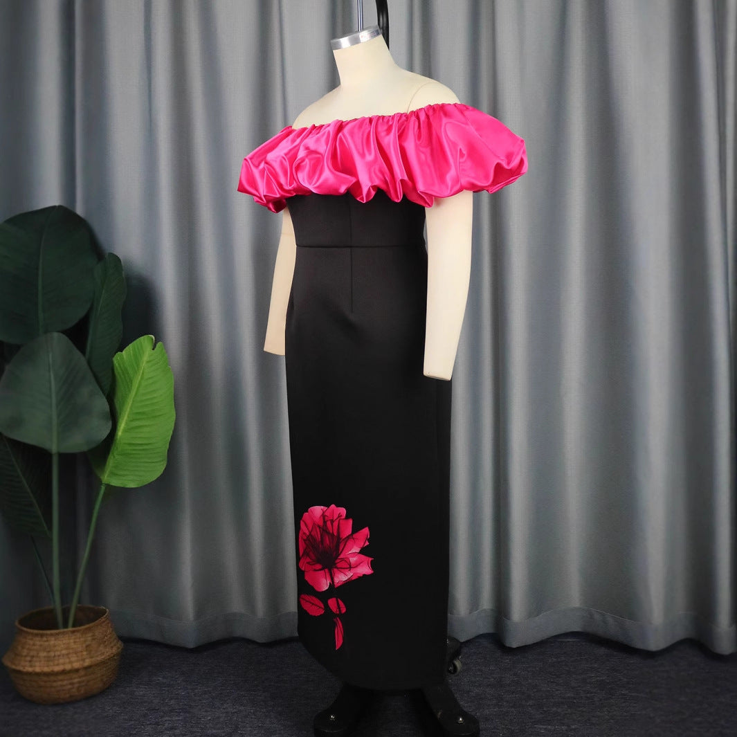 Dame elegant maxikjole med voluminøs flæsekant og floral print Skovae
