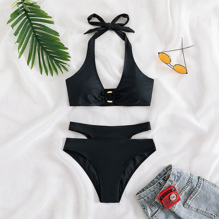Dame højtaljet bikini med cut-out-detaljer og elegant ring Skovae