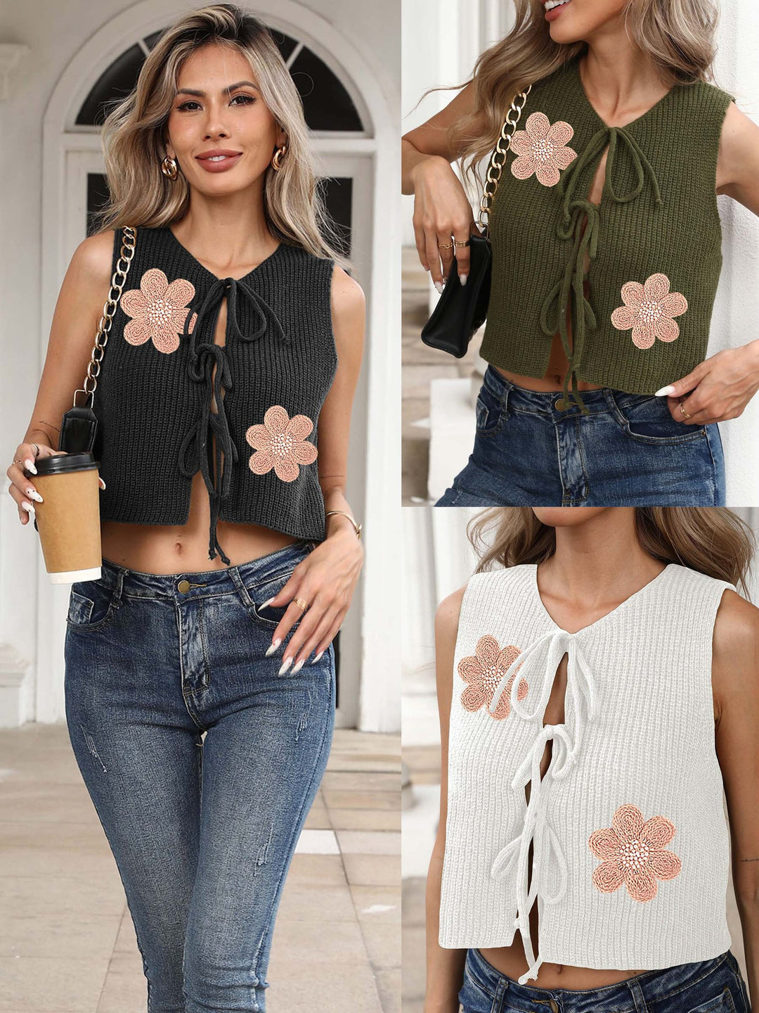 Dame cropped striktop med blomstermotiv og bånd Skovae