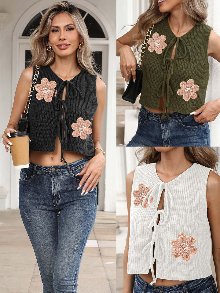 Dame cropped striktop med blomstermotiv og bånd Skovae
