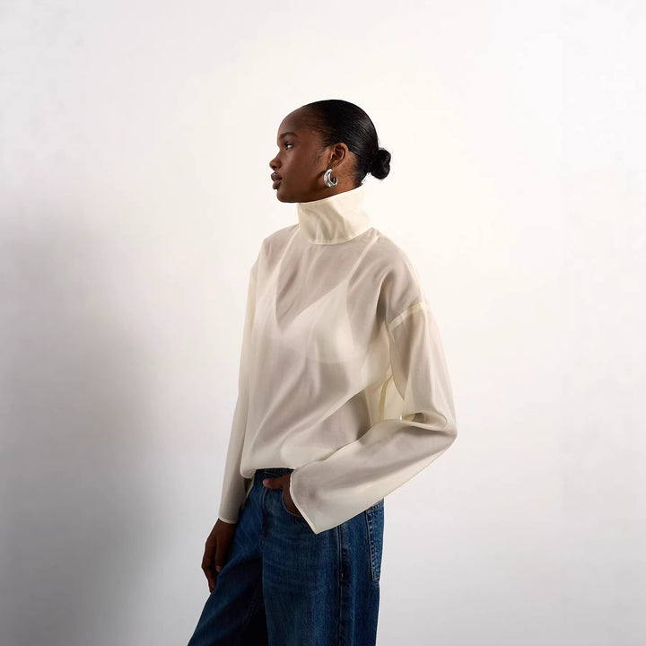 Dame Elegant Bluse af gennemsigtigt stof med stående krave Skovae