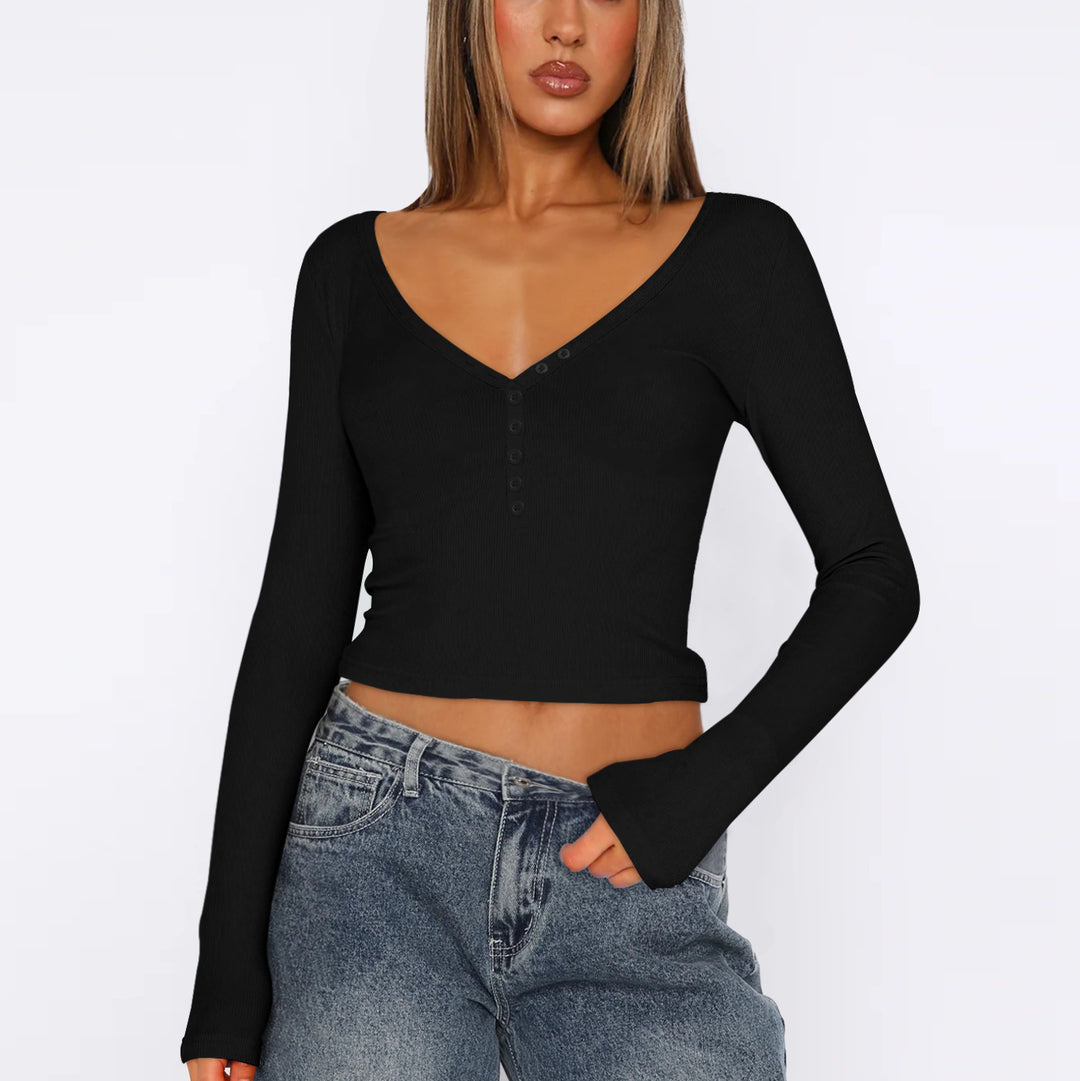Dame Langærmet Crop-Top med V-udskæring og knapliste Stilla