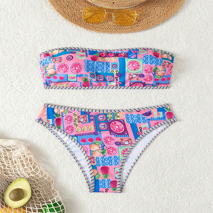 Dame bandeau bikini med frugtmønster og dekorative kontrastsyninger Skovae