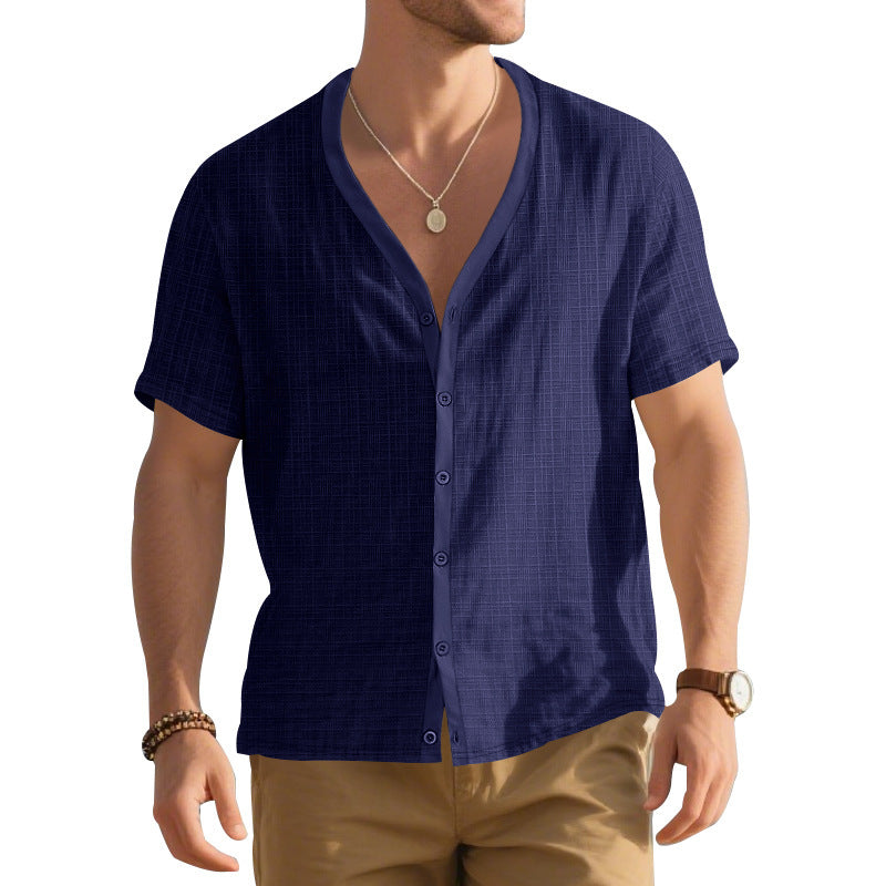 Herrer Kortsleeve Henley Skjorte med moderigtigt V-udskæring og struktureret design Stilla