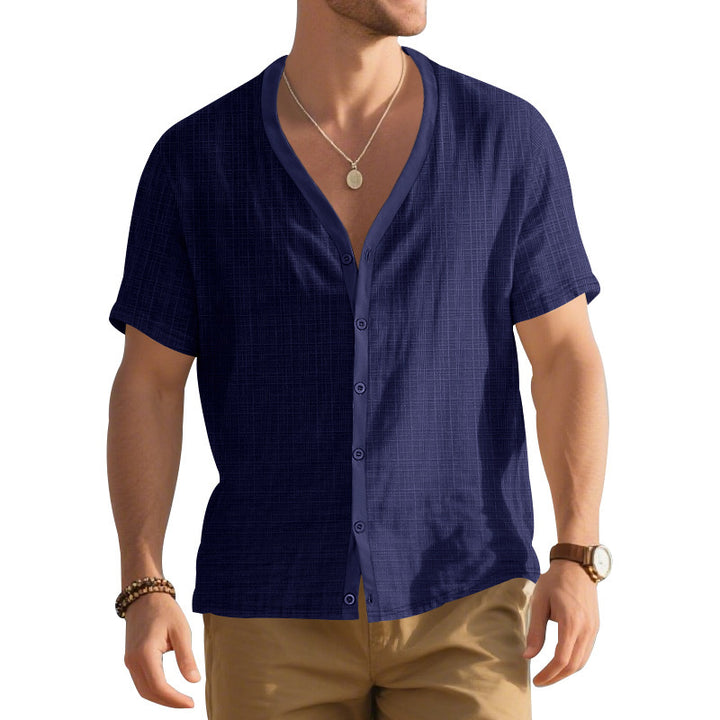 Herrer Kortsleeve Henley Skjorte med moderigtigt V-udskæring og struktureret design Stilla