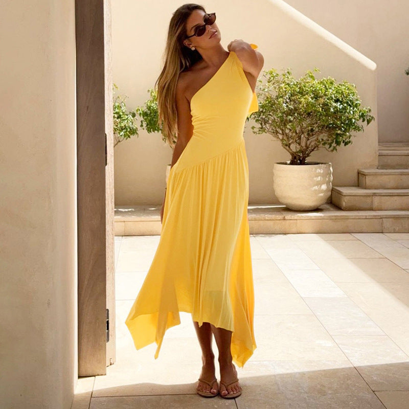 Dame asymmetrisk One-Shoulder Maxikjole med sløjfedetail Stilla