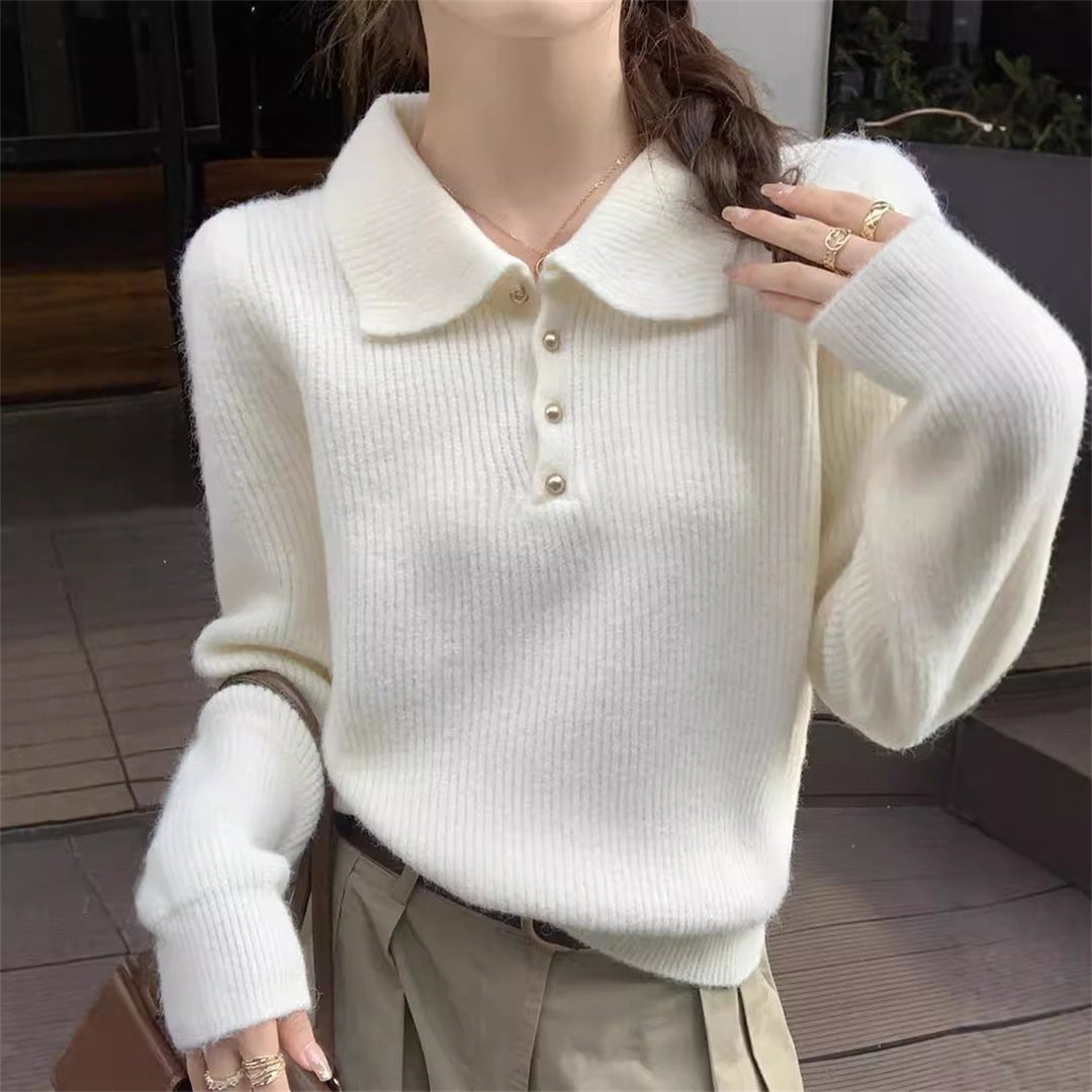 Kvinders sweater med tekstureret polo krave og knapdetaljer Stilla