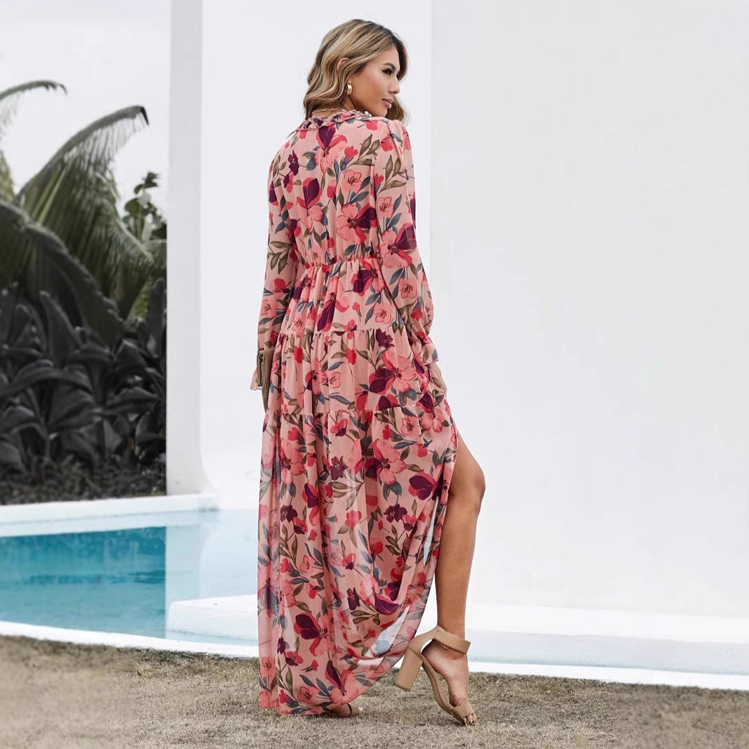 Dame Boho Maxikjole med blomsterdesign og flæsedetaljer Stilla