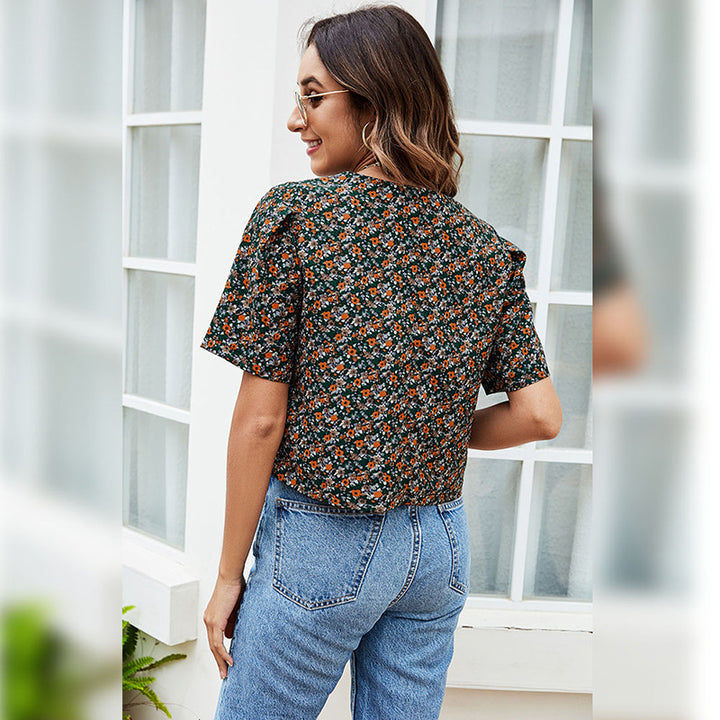 Dame kortærmet bluse i blomsterdesign med firkantet udskæring Stilla