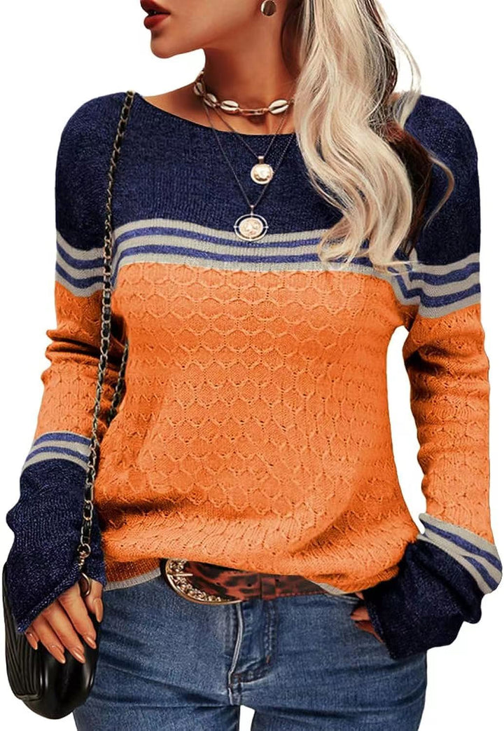 Kvinders afslappede strikket sweater med kontrastfarvede blokke og unik tekstur Stilla