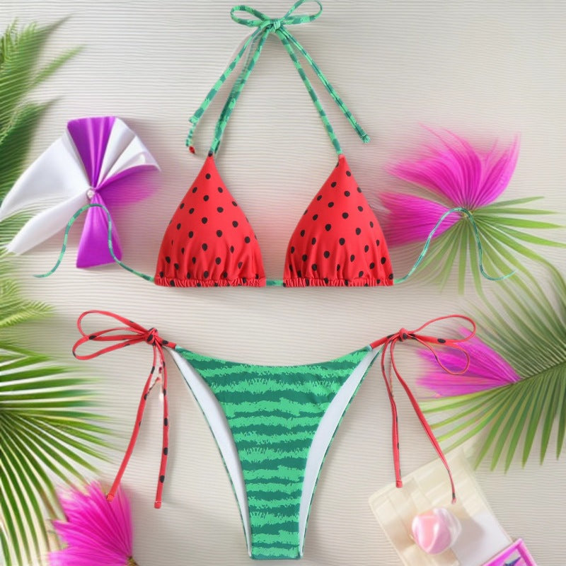 Dame triangel-bikini med legende frugtdesign og justerbare stropper Skovae