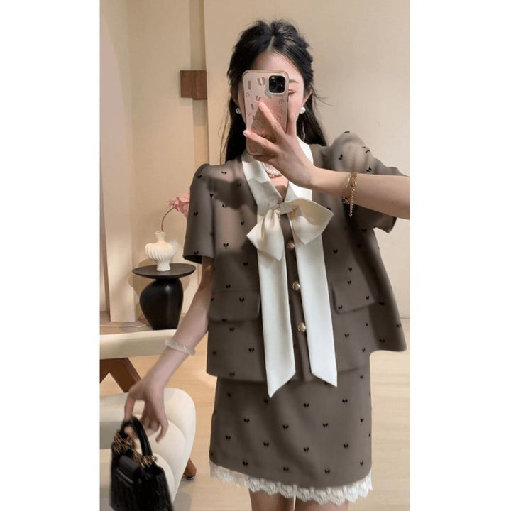 Femme Elegante To-delt Midi-nederdel-sæt med sløjfedetalje Stilla