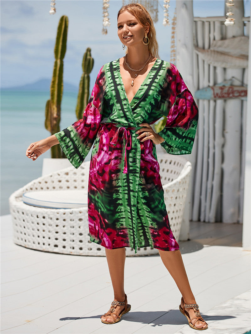 Dame elegant Strandkaftan med fri skæring og farverigt mønster Stilla