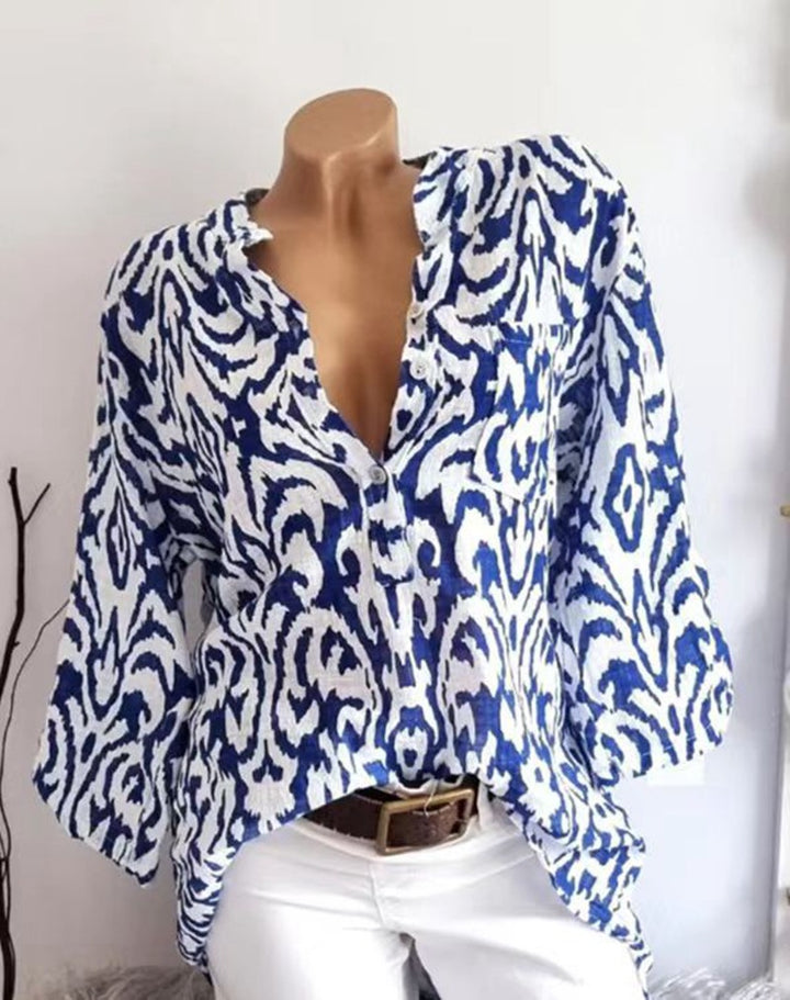 Dame nan locker skåret tunika-bluse med Ikat-mønster, V-hals og trekvartærmer Skovae