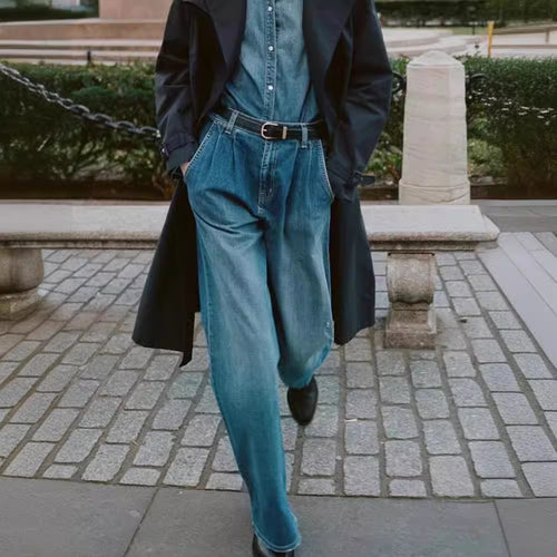 Dame bredskårne jeans med høj talje og elegante folder Stilla