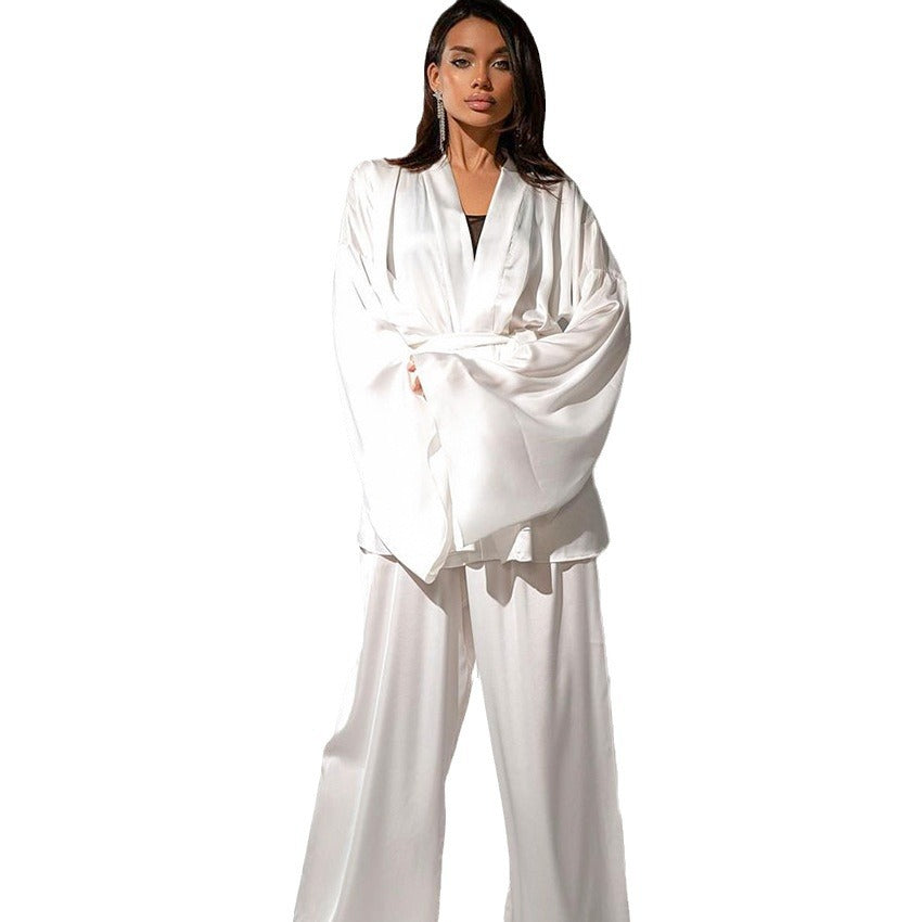 Dame satin kimono-style morgenkåbe og bukse sæt Stilla