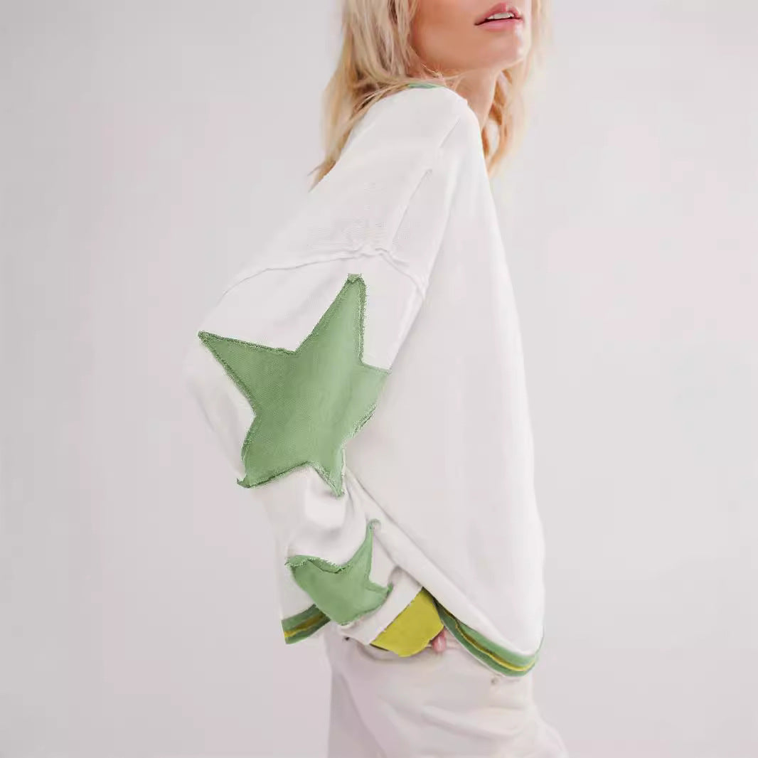 Dame Casual Sweatshirt med stribet design og stjerneapplikationer Stilla