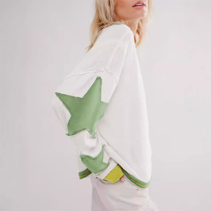 Dame Casual Sweatshirt med stribet design og stjerneapplikationer Stilla