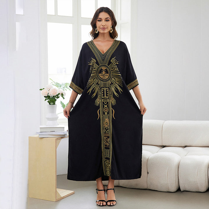 Dame Maxi-Kaftan med kunstnerisk grafikdesign og flydende silhuet Stilla