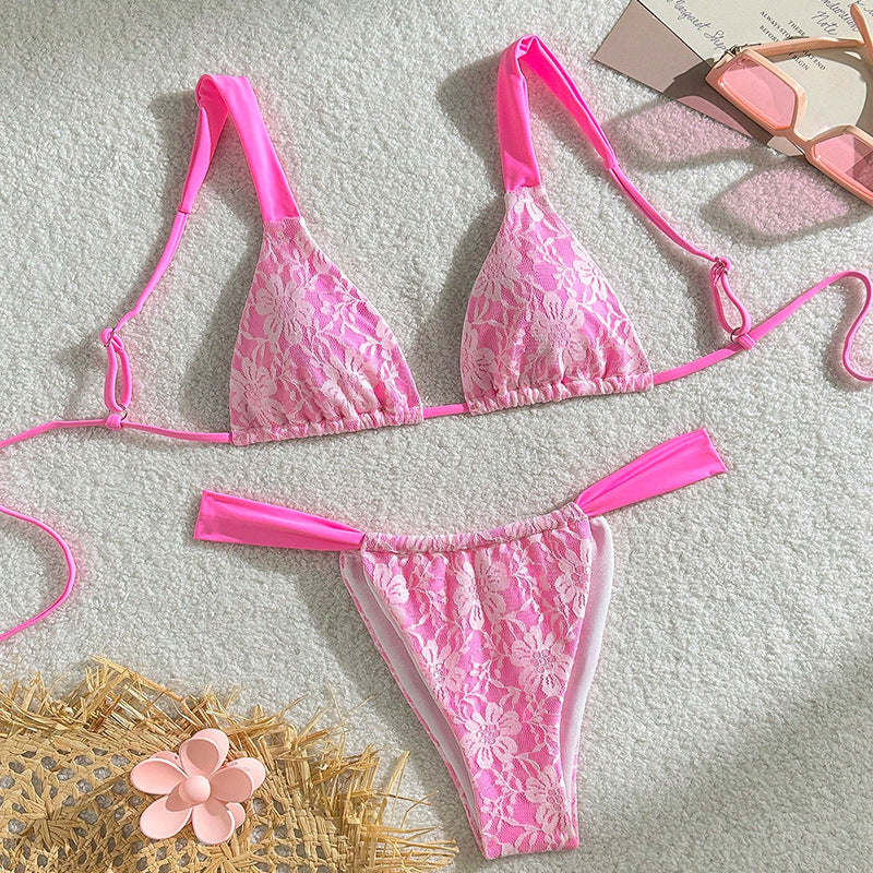 Dame triangel-bikini med blomster spandex-mønster og justerbare stropper Skovae