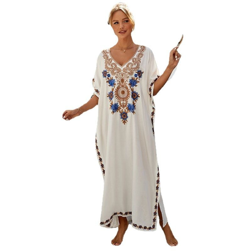 Dame Kaftan med kunstnerisk broderi og elegant V-udskæring Stilla