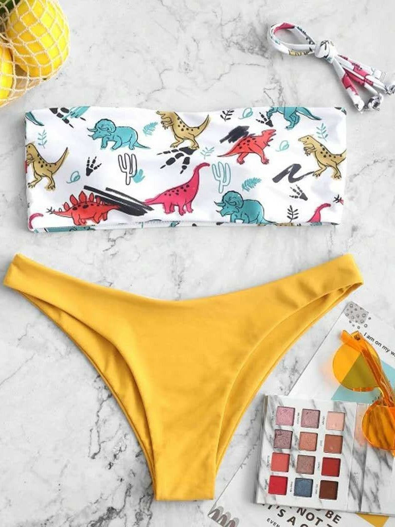 Damer Dinosaurer Tryk Bandeau Bikini Sæt Stilla