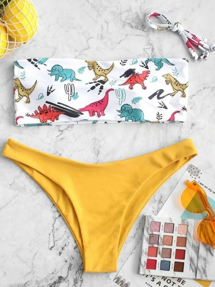 Damer Dinosaurer Tryk Bandeau Bikini Sæt Stilla