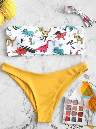 Damer Dinosaurer Tryk Bandeau Bikini Sæt Stilla
