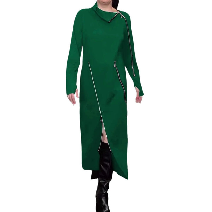 Dame nan langes strikkjole med asymmetrisk metallyzipper og frontsplit Skovae